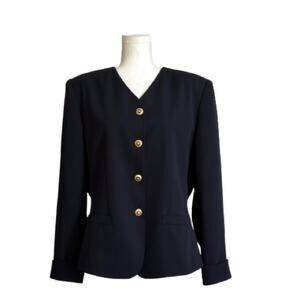 Le Suit Vintage Blazer Navy Blue Gold Button Cuffed Sleeve Career Jacket Size 12